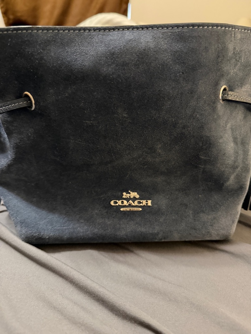 Coach Navy Suede Drawstring Bucket Bag with Silver Logo Comes with a dust bag
